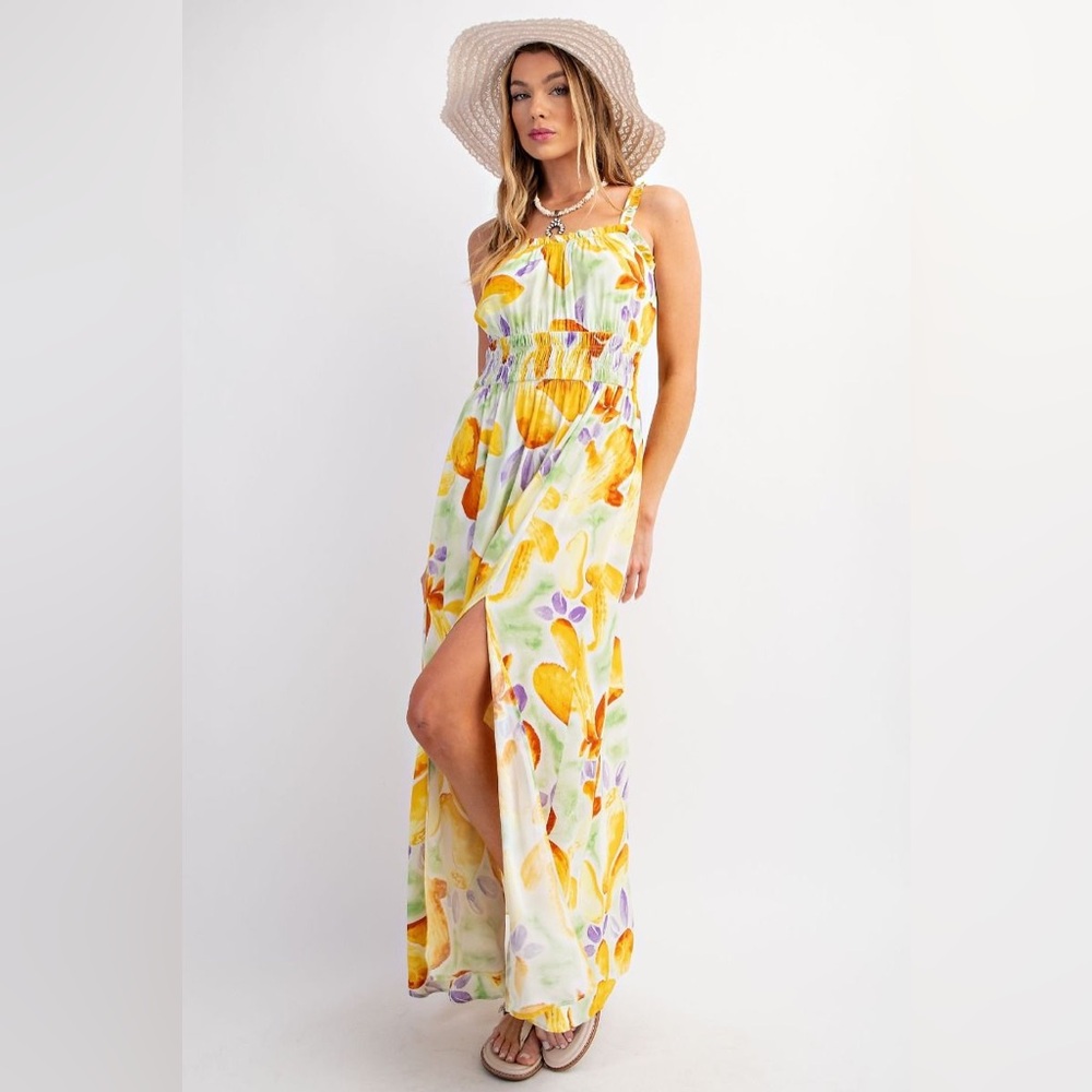 Floral Yellow Maxi Dress with Side Slit
